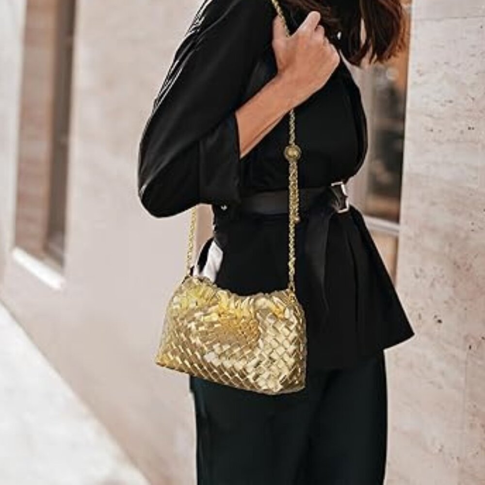 Neiman Marcus Golden Dumpling  Elegant Woven Leather Evening Shoulder Bag